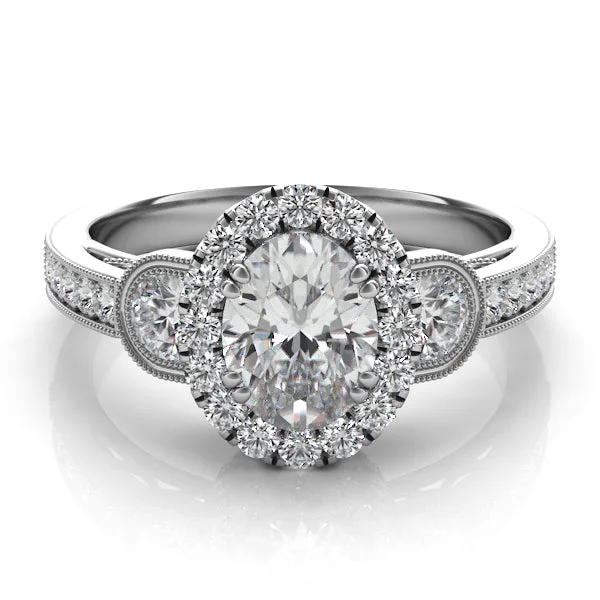 Oval Halo Three Stone Engagement Ring