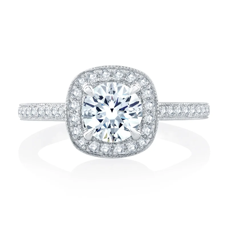 A.Jaffe Milgrain Detail Cushion Halo Round Center with Diamond Gallery Accent Quilted Engagement Ring ME2301Q/125