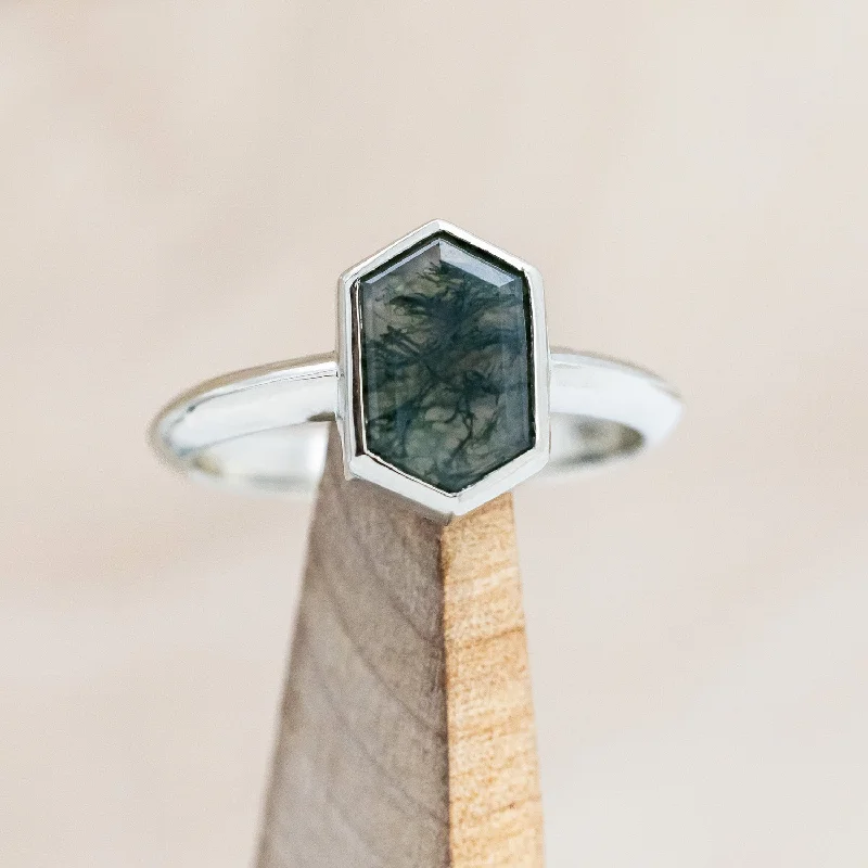 "CORA" - ELONGATED HEXAGON CUT MOSS AGATE SOLITAIRE ENGAGEMENT RING