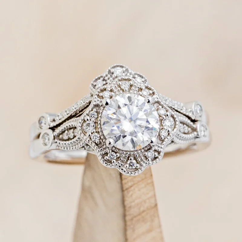 "EILEEN" - ROUND CUT MOISSANITE ENGAGEMENT RING WITH DIAMOND ACCENTS & TRACER