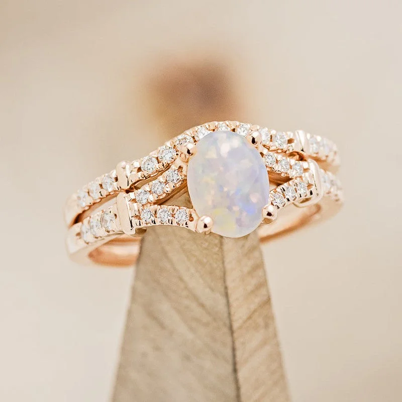 "EVLIN" - OVAL OPAL ENGAGEMENT RING WITH DIAMOND ACCENTS & TRACER