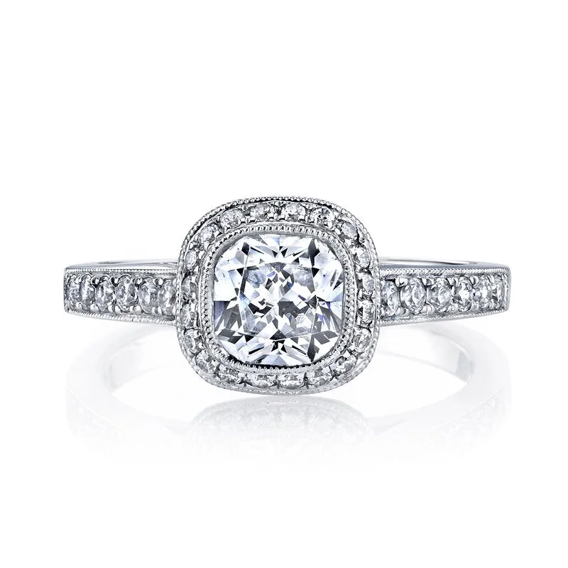 Mars Bridal Vintage Bezel Cushion Halo with Milgrain Detailing Diamond Engagement Ring 25400