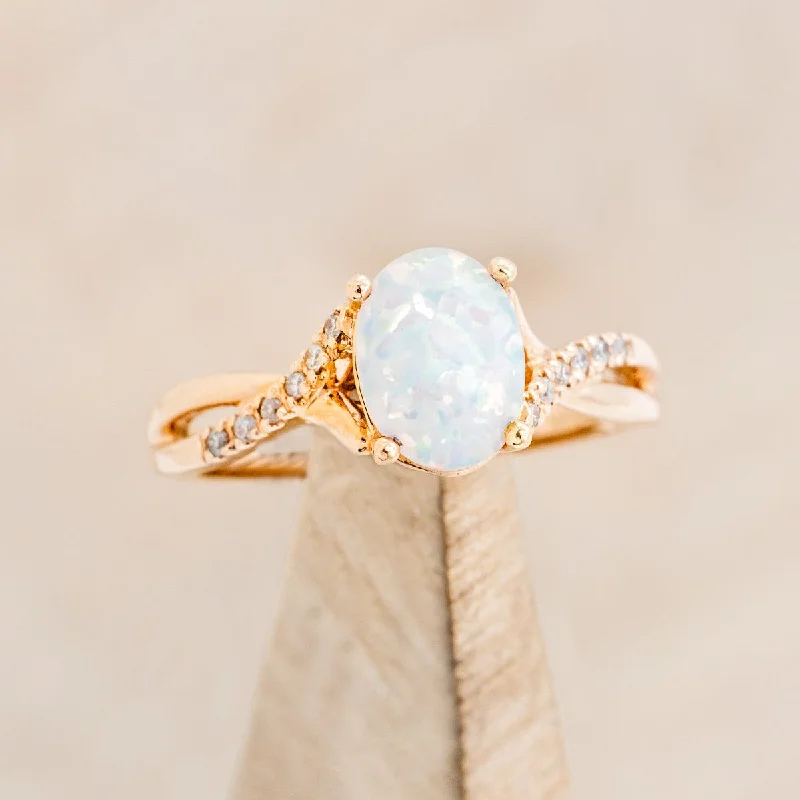 "ROSLYN" - OVAL CABOCHON CUT WHITE OPAL ENGAGEMENT RING WITH DIAMOND ACCENTS