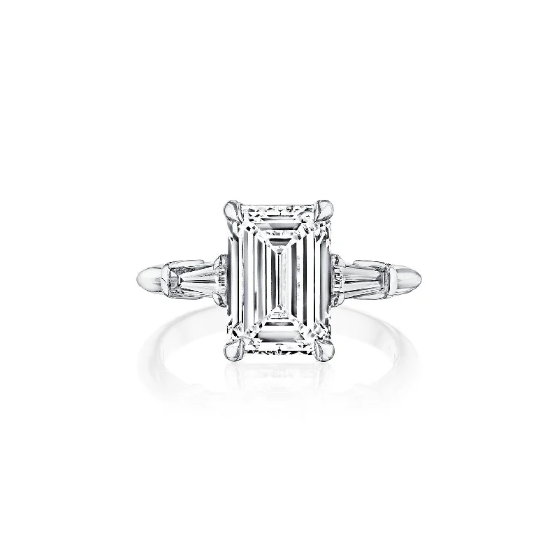 Fink's Exclusive Platinum Emerald and Baguette Side Stone Engagement Ring