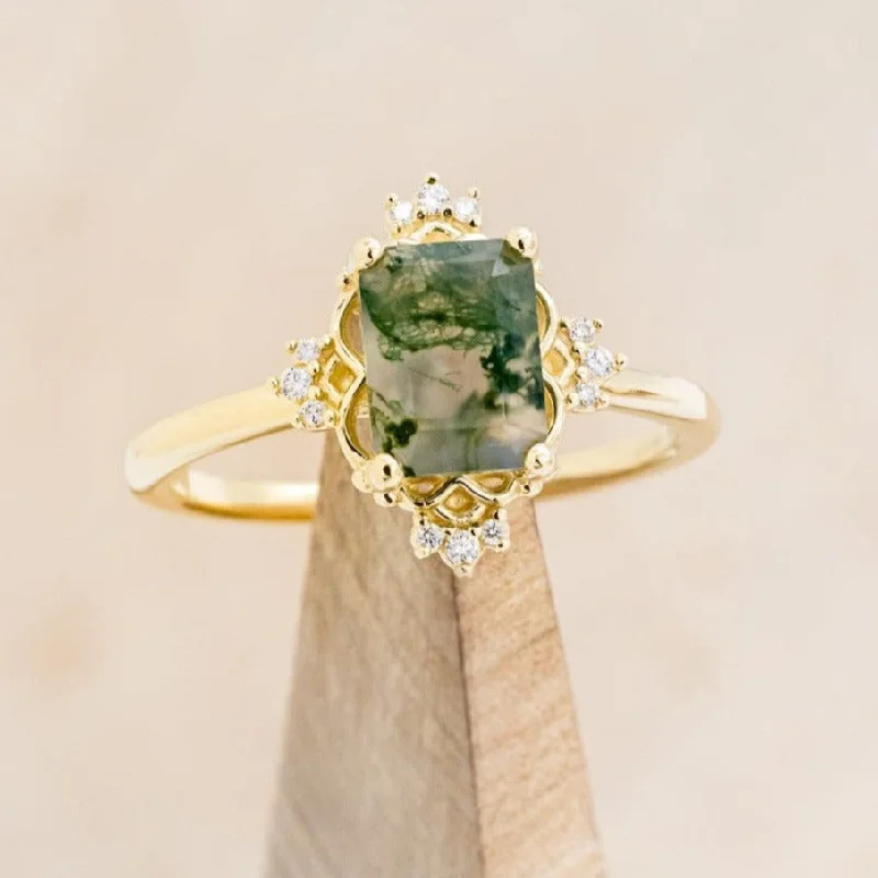 "TREVA" - EMERALD CUT MOSS AGATE ENGAGEMENT RING WITH DIAMOND ACCENTS