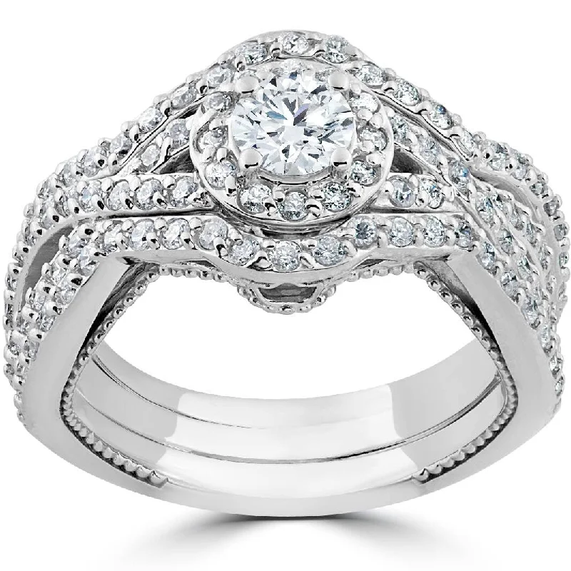 1 1/2ct Diamond Halo Engagement Trio Infinity Vintage Ring Set White Gold