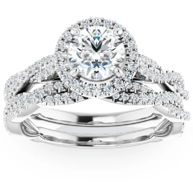 1 1/2ct Diamond Halo Vine Engagement Wedding Ring Set White Gold