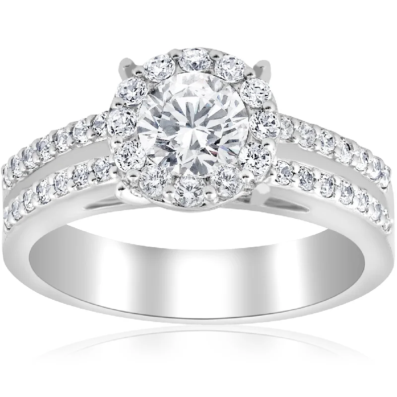 1 1/2ct Pave Round Cut Halo Diamond Engagement Ring White Gold Double Row