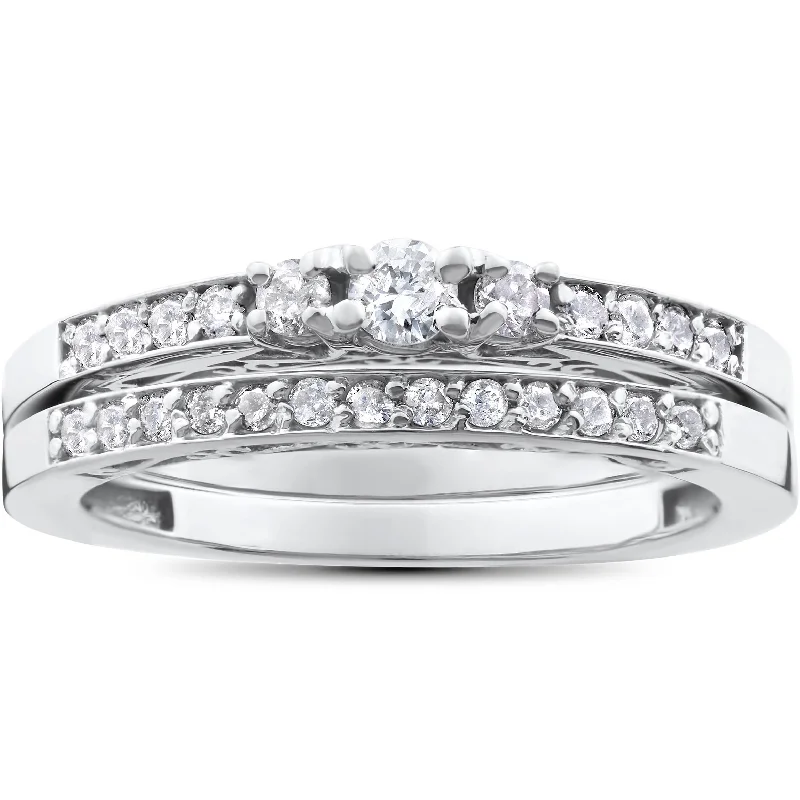 1/2ct 3 Stone Engagement Wedding Ring Set White Gold