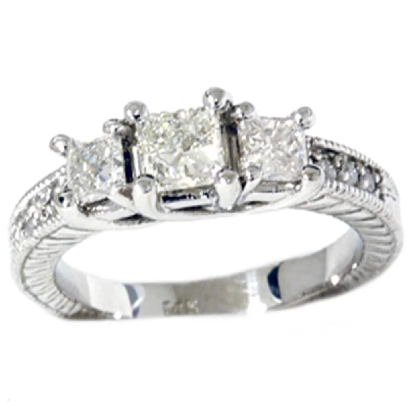 1 3/4ct Vintage Three Stone Diamond Ring White Gold