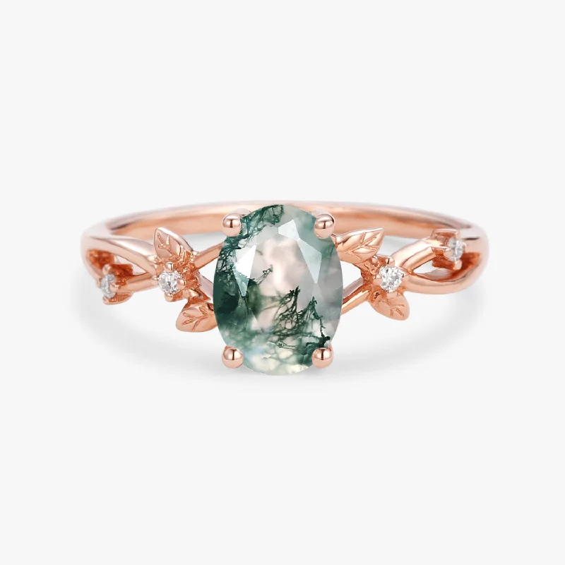 1.5ct Oval Cut Moss Agate Leafy White Gold Ring