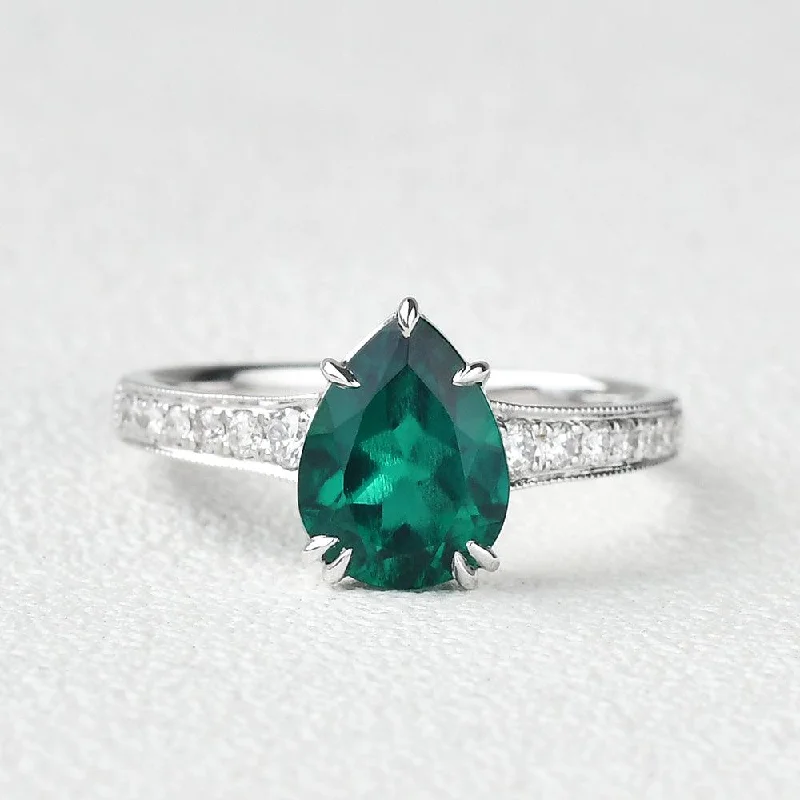 1.5ct Pear Shaped Lab Emerald White Gold Ring