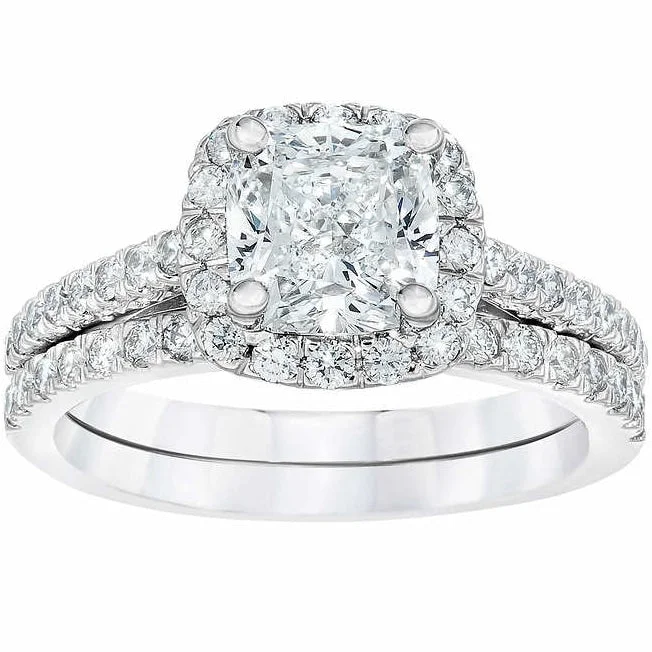 2.25 cttw Cushion Halo Diamond Engagement Wedding Ring Set White Gold