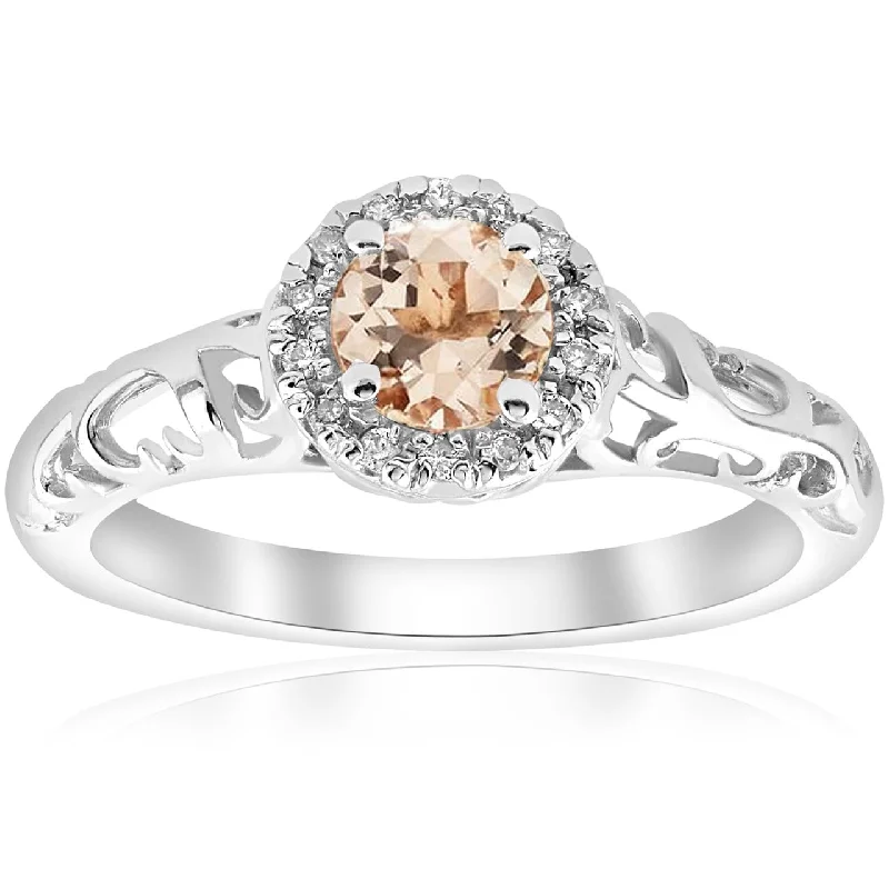 5/8cttw Morganite & Diamond Vintage Halo Engagement Ring White Gold