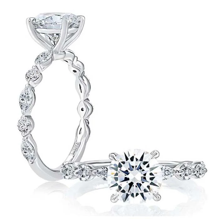 A. Jaffe Round Center Diamond Engagement Ring Semi-Mounting with Alternating Marquise and Round Diamond Band in 14K White Gold