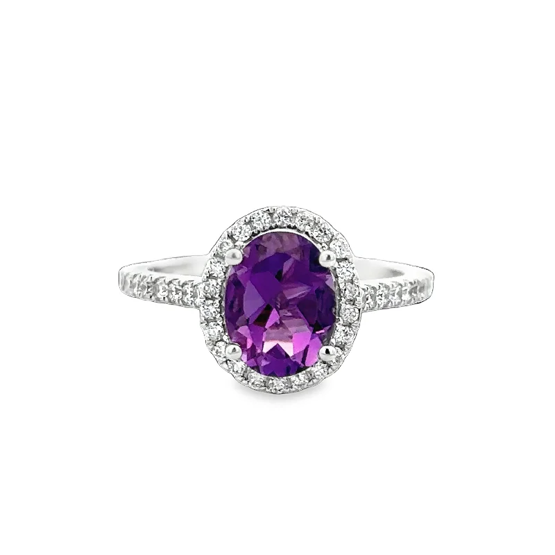 Amethyst and Diamond Halo Ring in White Gold