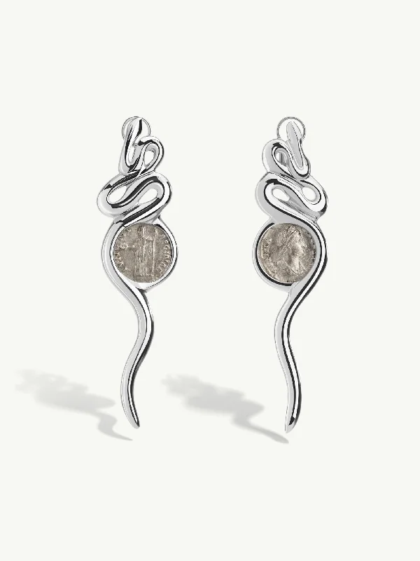 Ancient Roman Coin Serpentine Earrings In 18K White Gold