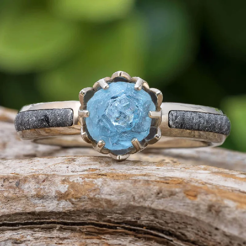 Rough Aquamarine Engagement Ring With Meteorite in White Gold