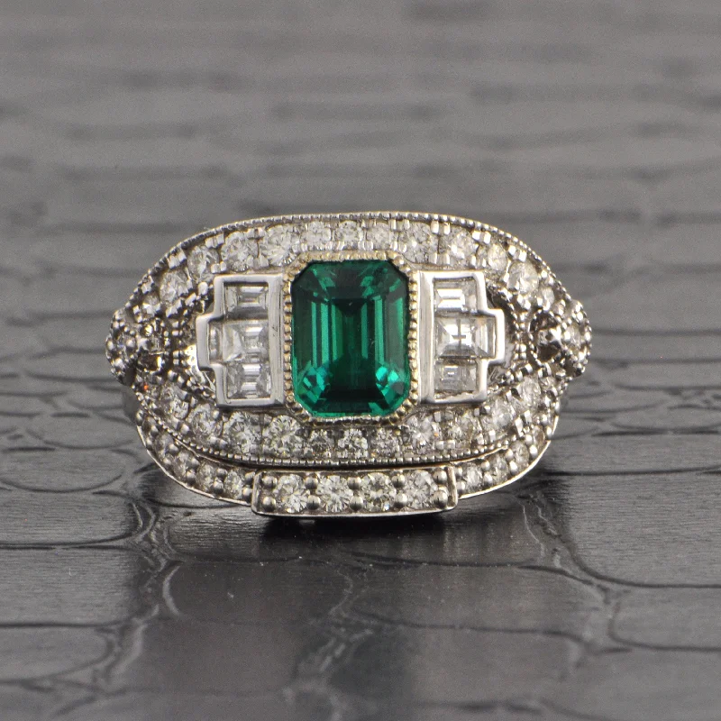 Art Deco Inspired Emerald and Diamond Ring & Band in 18k White Gold