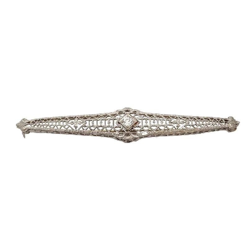 Art Deco Old European Cut Diamond Bar Brooch in White Gold