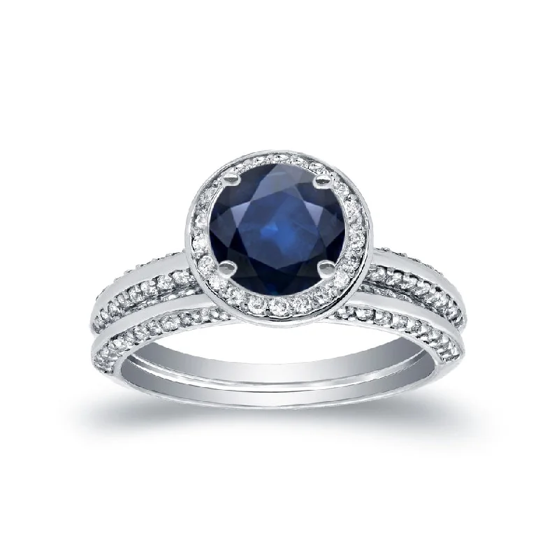 Auriya 14k Gold 14k White Gold 1ctw Blue Sapphire and 1ctw Halo Diamond Engagement Ring Set