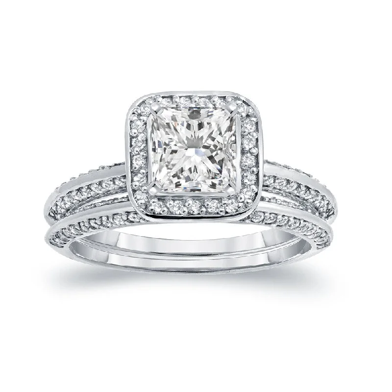 Auriya Modern 1 1/2ct TDW Princess-cut Diamond Halo Engagement Ring Set 14k White Gold Certified