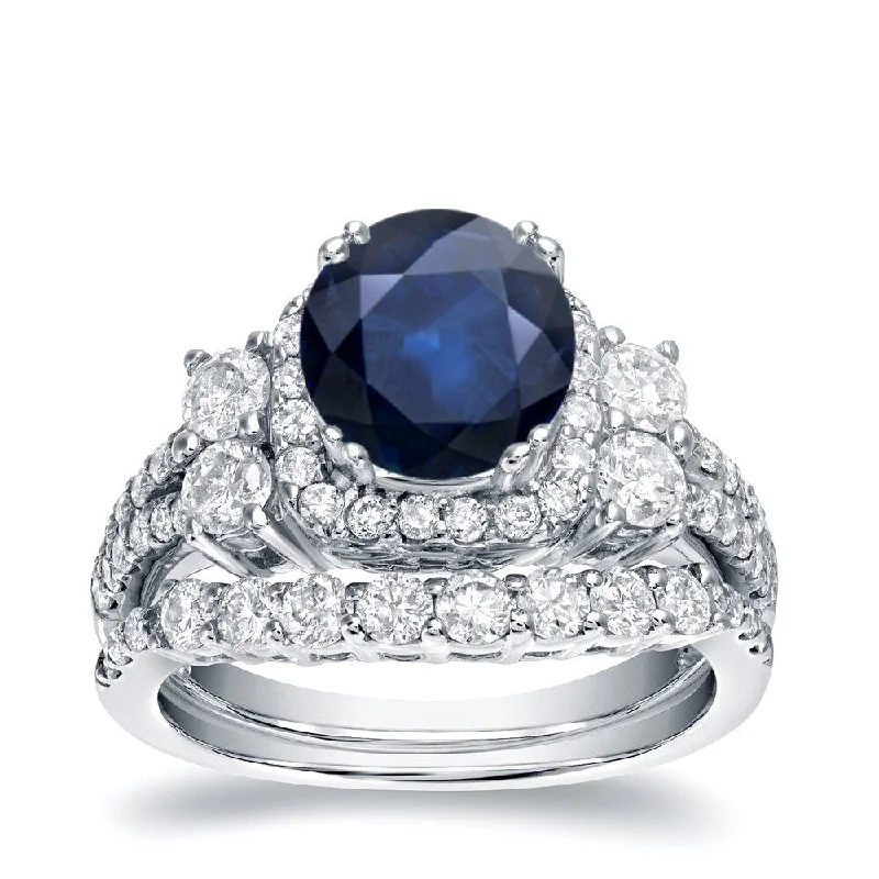 Auriya Round 1ct Blue Sapphire and 1 1/3ct TDW Diamond Halo Engagement Ring Set 14k White Gold