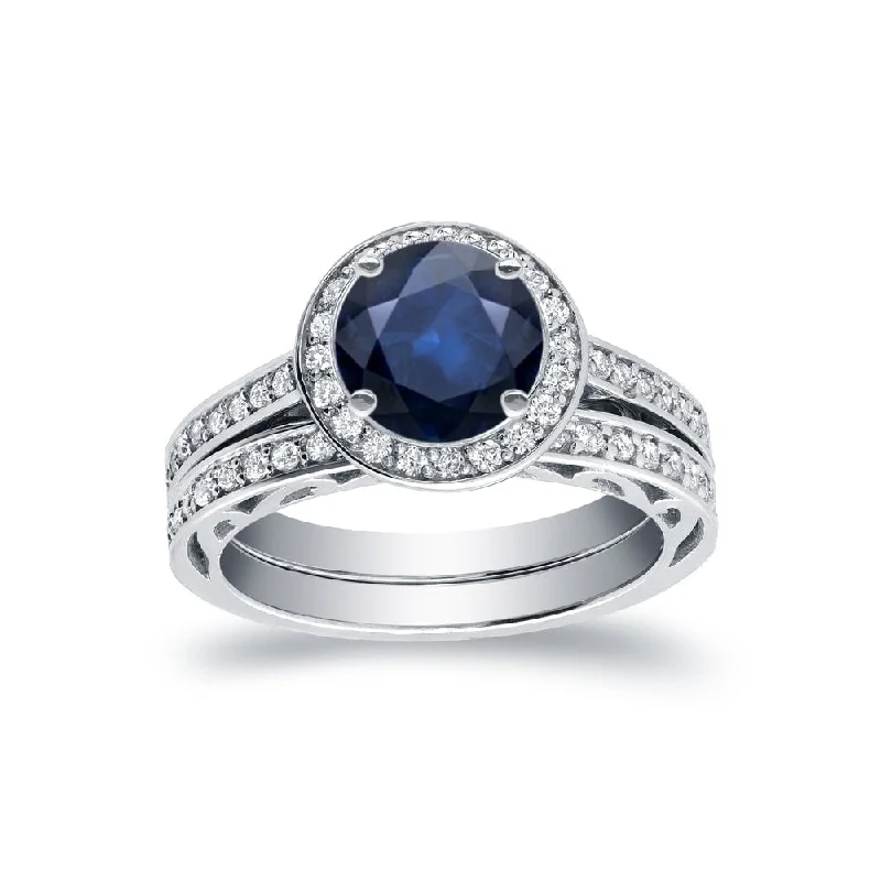 Auriya Round 1ct TDW Sapphire and 3/4ct TDW Diamond Halo Engagement Ring Set 14k White Gold