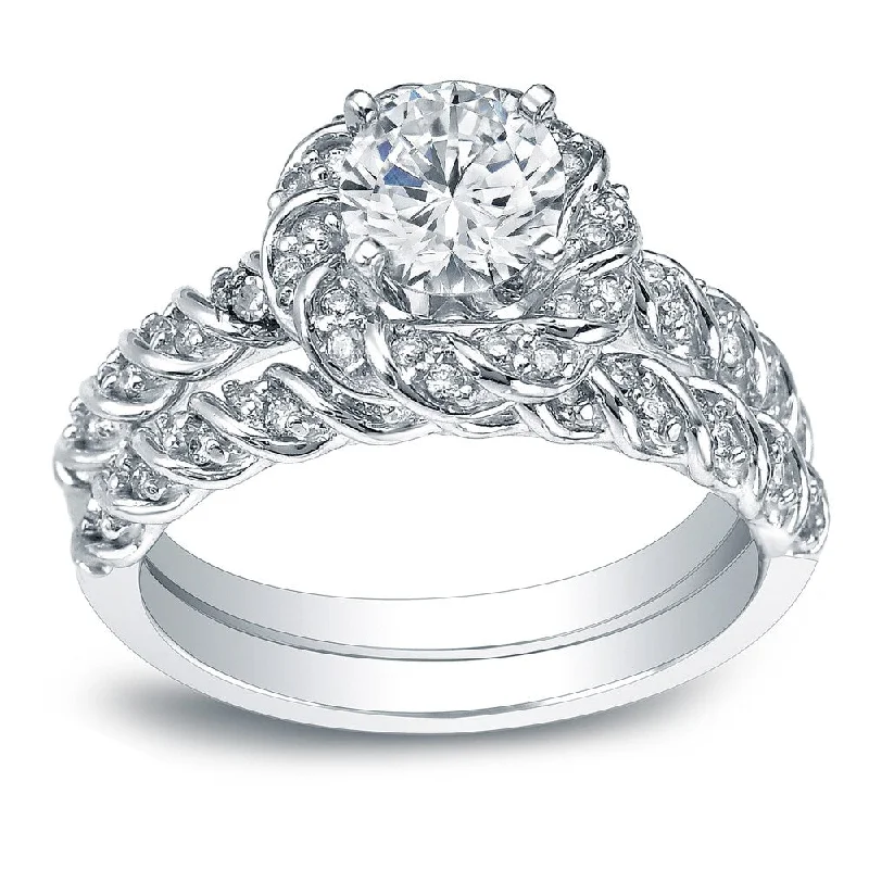 Auriya Unique Rope Style 1 3/5ct TDW Round Diamond Halo Bridal Ring Set 14k White Gold Certified