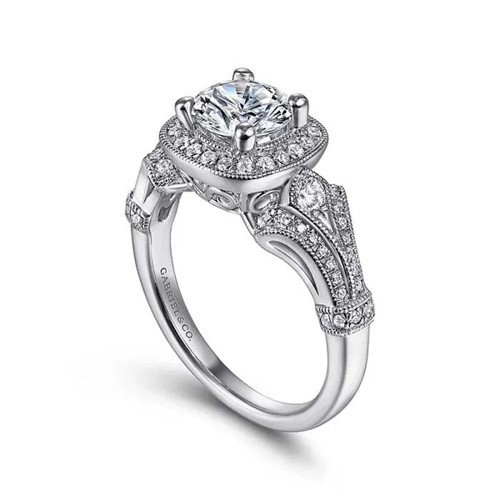 Gabriel & Co. "Delilah" Vintage Inspired Cushion Halo Engagement Ring Semi-Mounting in 14K White Gold