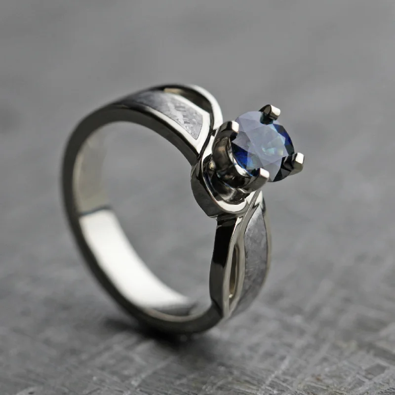 Blue Sapphire Engagement Ring, Meteorite Ring, White Gold Ring