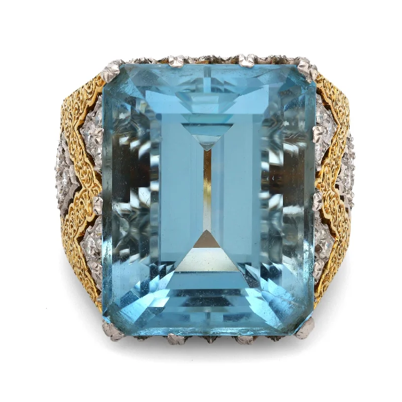 Buccellati 18k yellow and white gold aquamarine diamond ring