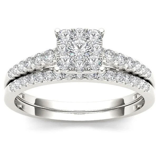 De Couer 10k White Gold 1/2ct TDW Diamond Cluster Engagement Ring Set