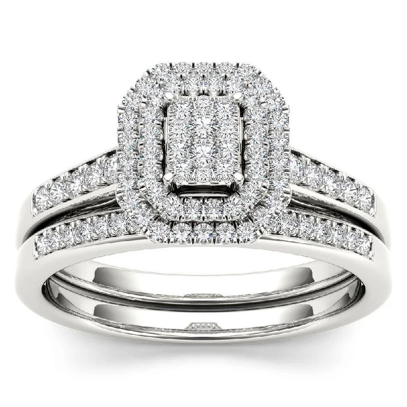 De Couer IGI Certified 14k White Gold 1/3ct TDW Diamond Cluster Halo Engagement Ring Set - White H-I