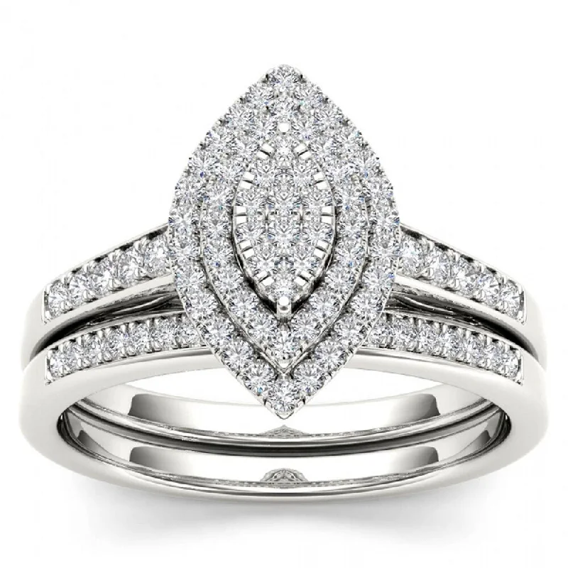 De Couer IGI Certified 14k White Gold 1/3ct TDW Diamond Marquise Shape Halo Engagement Ring Set