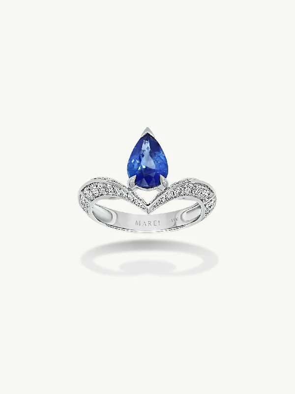 Dorian Floating Teardrop-Shaped Cornflower Blue Ceylon Sapphire Engagement Ring In 18K White Gold