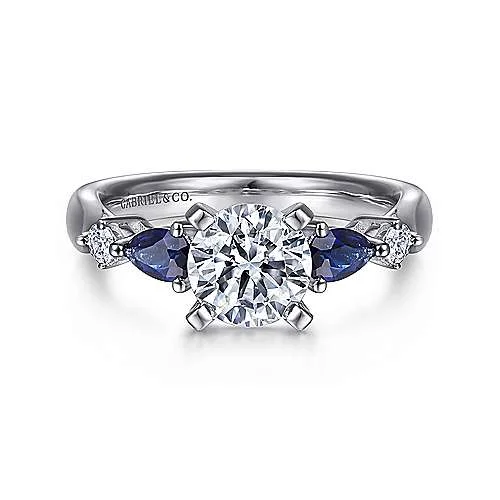 Elegant 14K White Gold Round Five Stone Sapphire and Diamond Engagement Semi-Mount Ring