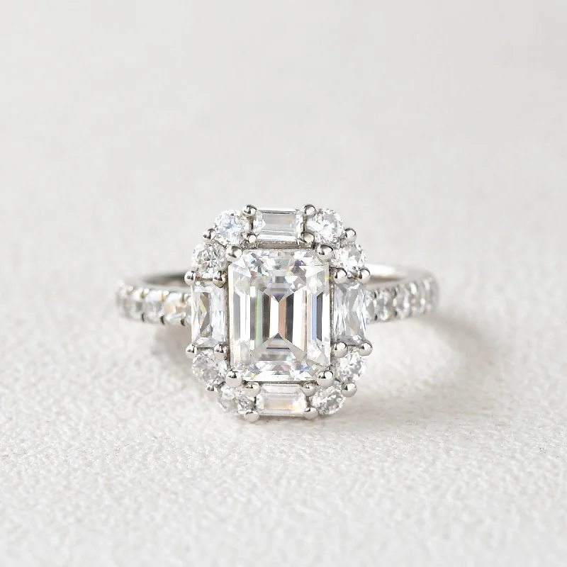 Emerald Cut Moissanite Vintage Inspired White Gold Ring