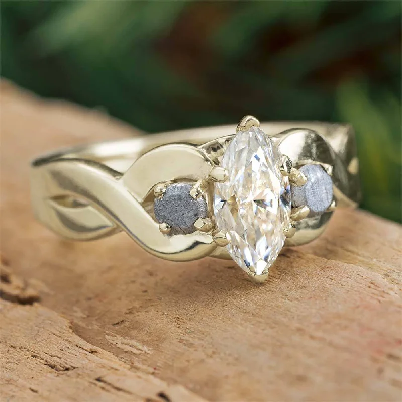 Engagement Ring with Meteorite and Moissanite Stones in White Gold