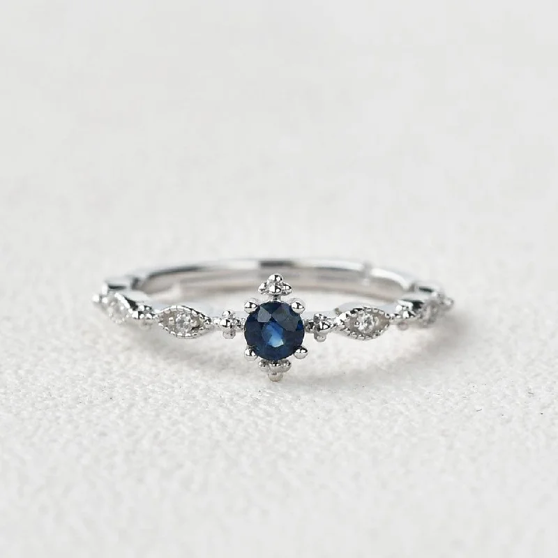 Lab Sapphire Vintage Inspired White Gold Ring