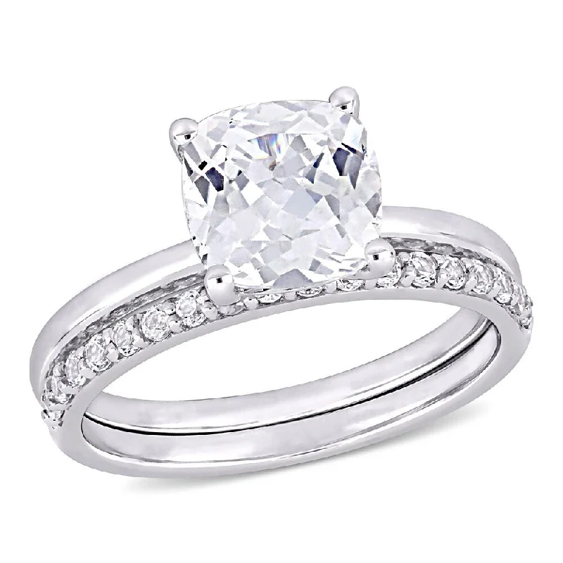 Miadora 10k White Gold Cushion-cut Created White Sapphire Wedding Ring Set