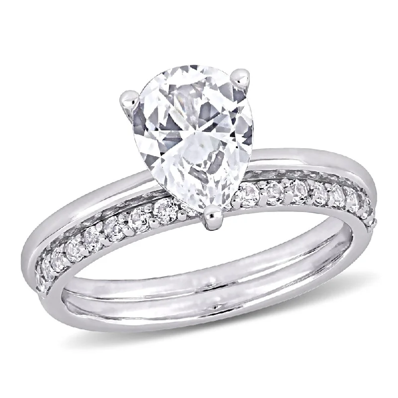 Miadora 10k White Gold Pear-cut Created White Sapphire Solitaire Wedding Ring Set