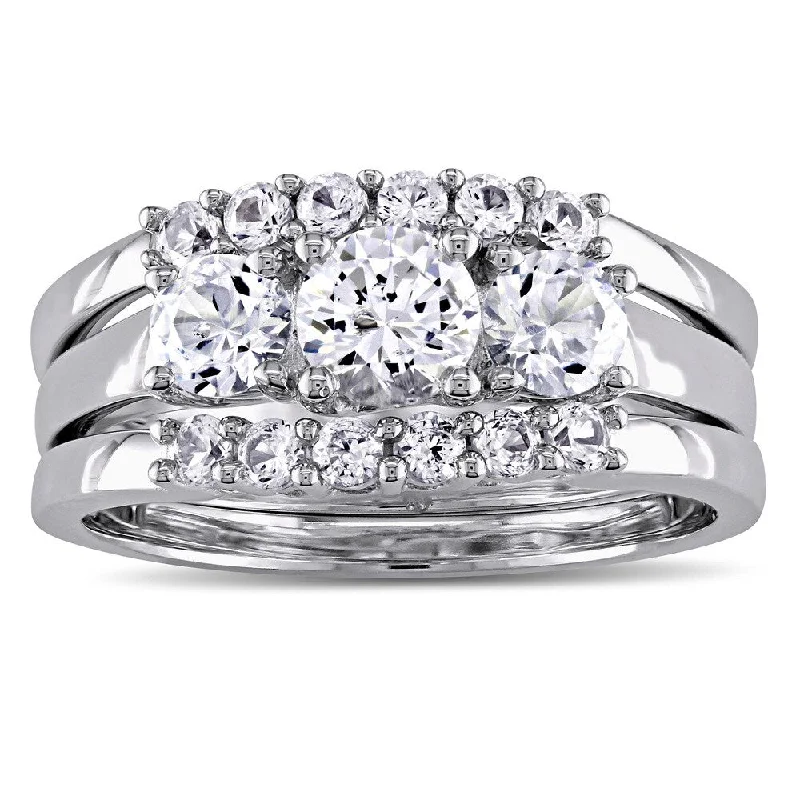 Miadora Signature Collection in 10k White Gold 1 3/4ct Created White Sapphire 3-Stone 3-Piece Bridal