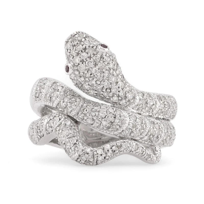 Modern Diamond Ruby 18K White Gold Snake Ring