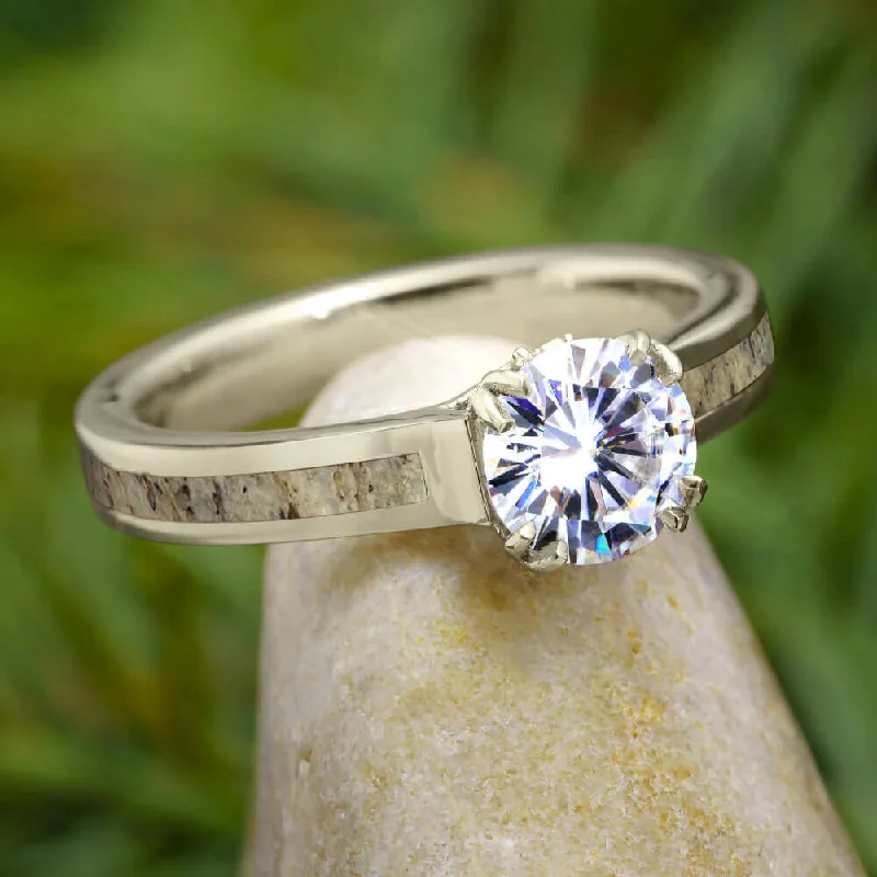 Moissanite Engagement Ring in White Gold with Antler Prongs