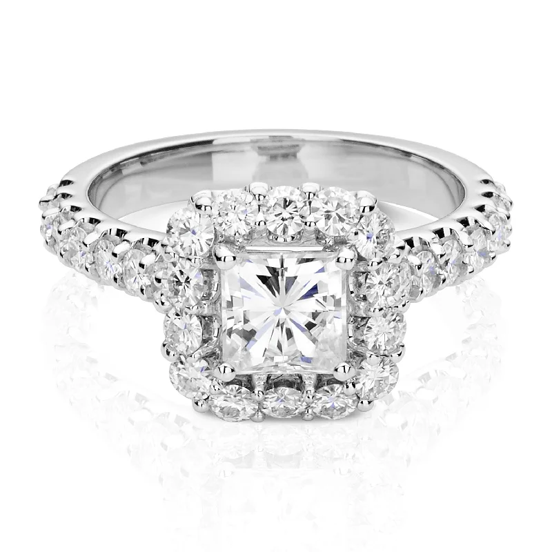 Charles & Colvard Moissanite Square Halo Ring in White Gold