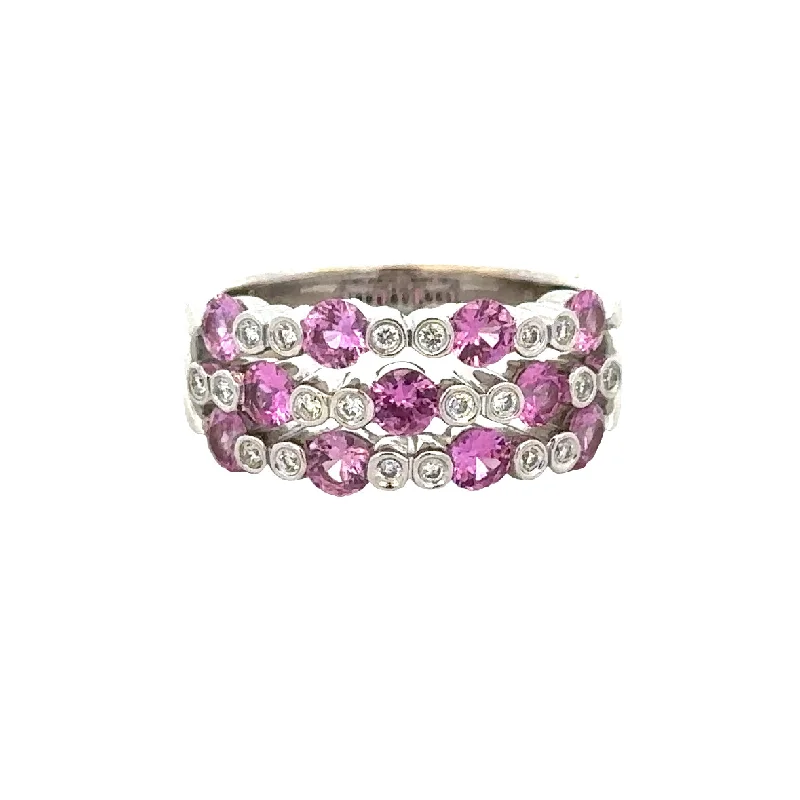 Multirow Pink Sapphire and Diamond Band in 18k White Gold