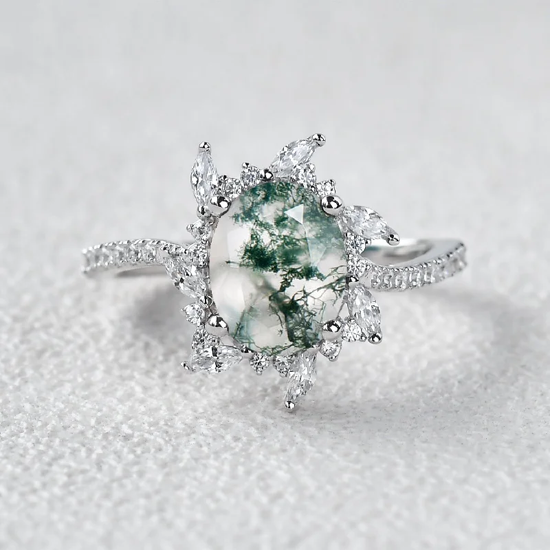 Oval Moss Agate & Moissanite Halo White Gold Engagement Ring