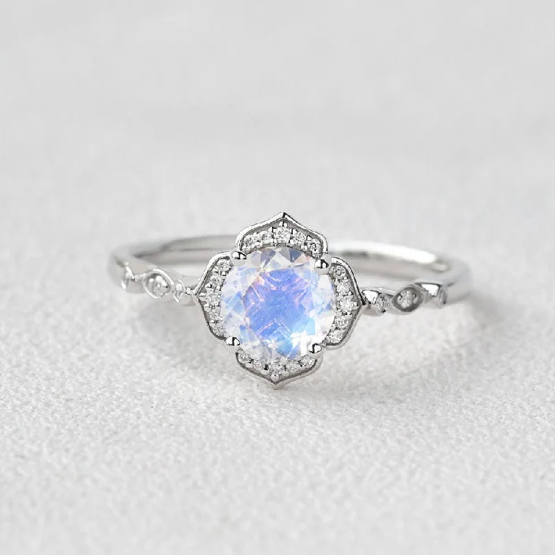 Round Cut Moonstone & Moissanite White Gold Ring