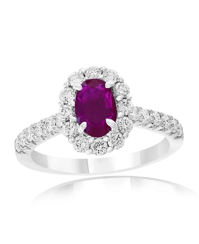 Ruby and Diamond Halo Ring in 18k White Gold